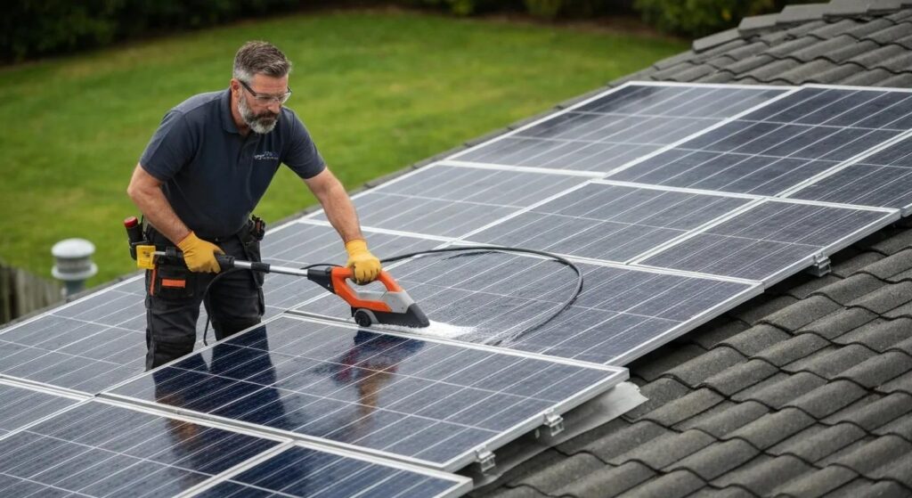 Professional technician cleaning solar panels on a residential roof in Wantirna South