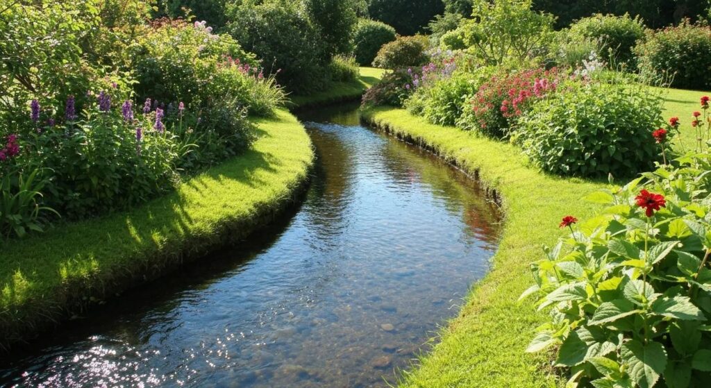 A vibrant garden and clear stream illustrating the environmental benefits of eco-friendly pressure washing