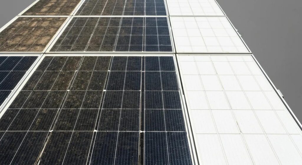 Comparison of dirty and clean solar panels showing increased efficiency