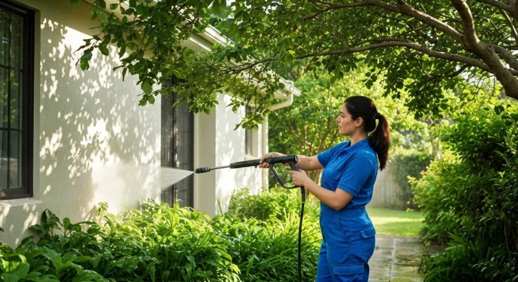 Eco-friendly pressure cleaning technician using biodegradable products in a lush green setting