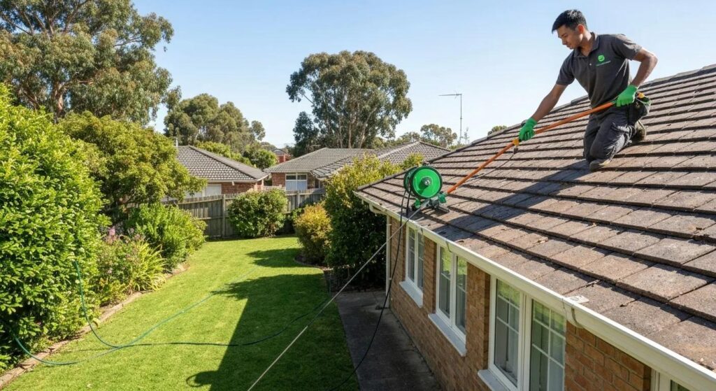 Eco-friendly gutter cleaning service in Vermont South with a professional cleaner using biodegradable products