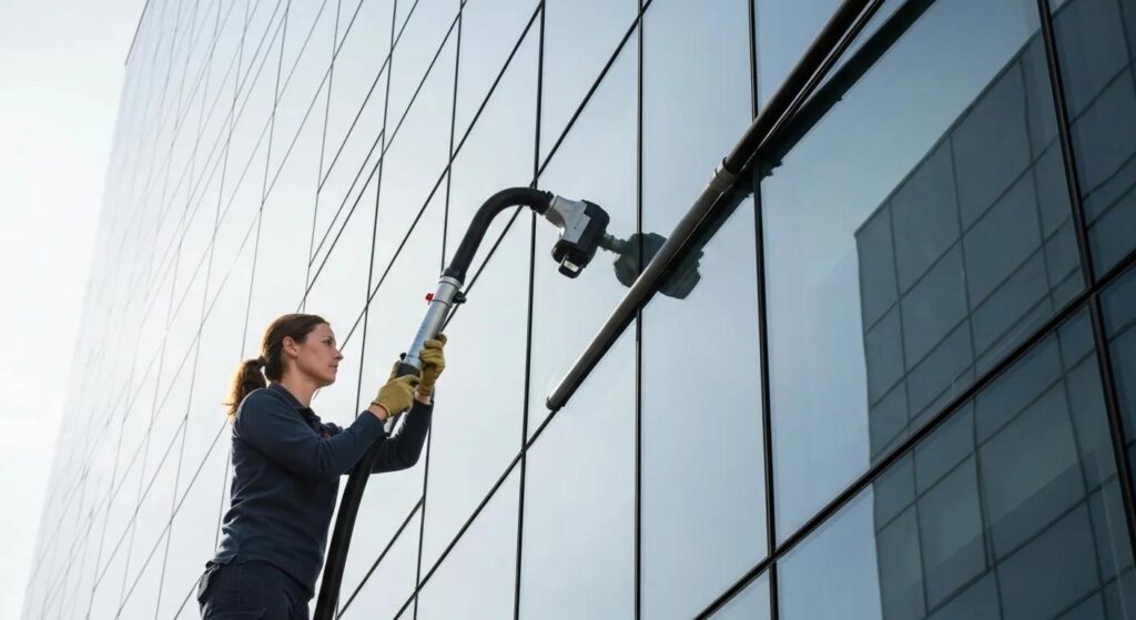 Technician using vacuum gutter cleaning equipment to prevent blockages effectively