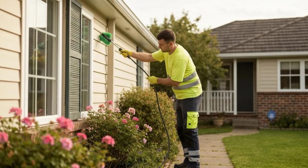 Eco-friendly gutter cleaning technician diligently working on a residential home