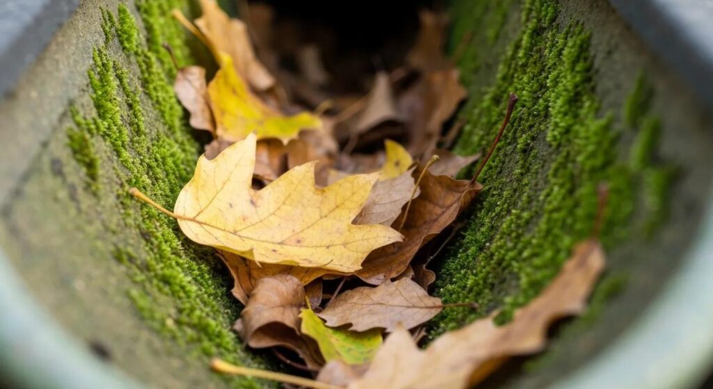 Close-up of a blocked gutter filled with leaves and moss, illustrating common causes of gutter blockages