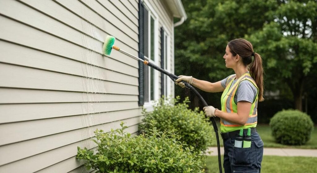 Eco-friendly pressure cleaning service in action, showcasing a technician cleaning a residential property