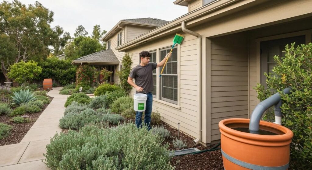 Eco-friendly gutter cleaning practices with biodegradable products and runoff capture