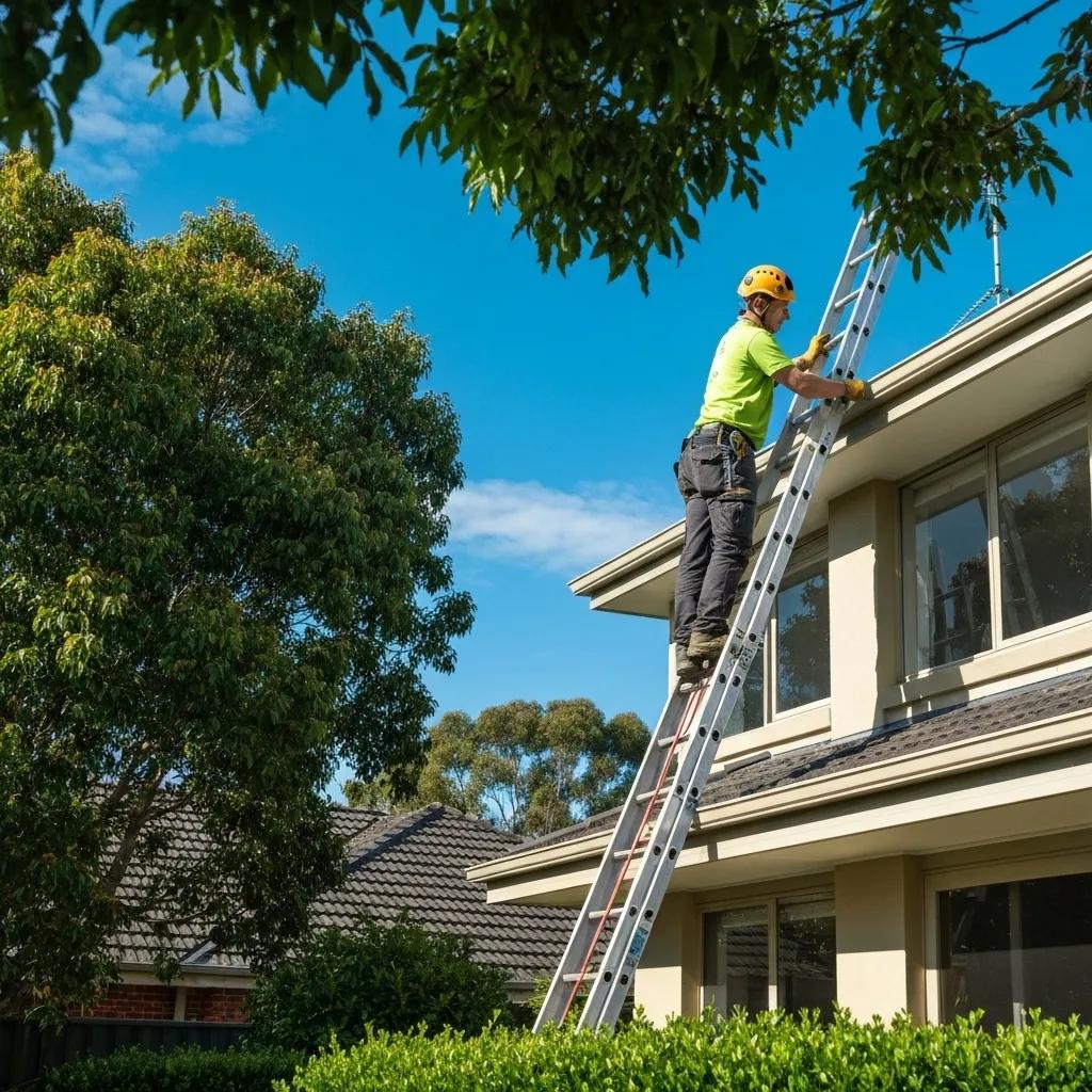 Professional gutter cleaning service in Rowville with a technician on a ladder